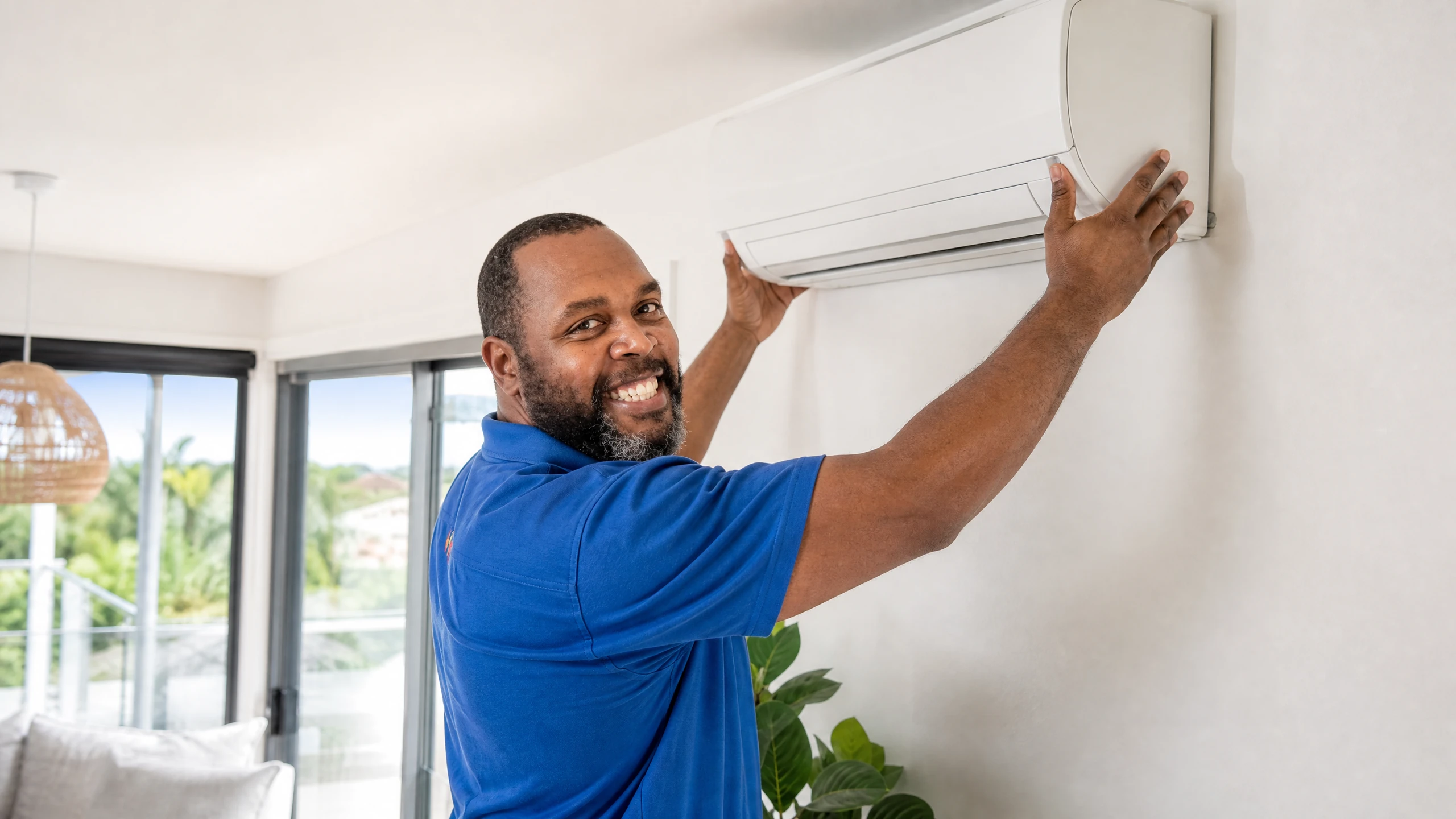 Dwayne Thompson installing a split-system air conditioner for FCF Fire and Electrical Brisbane